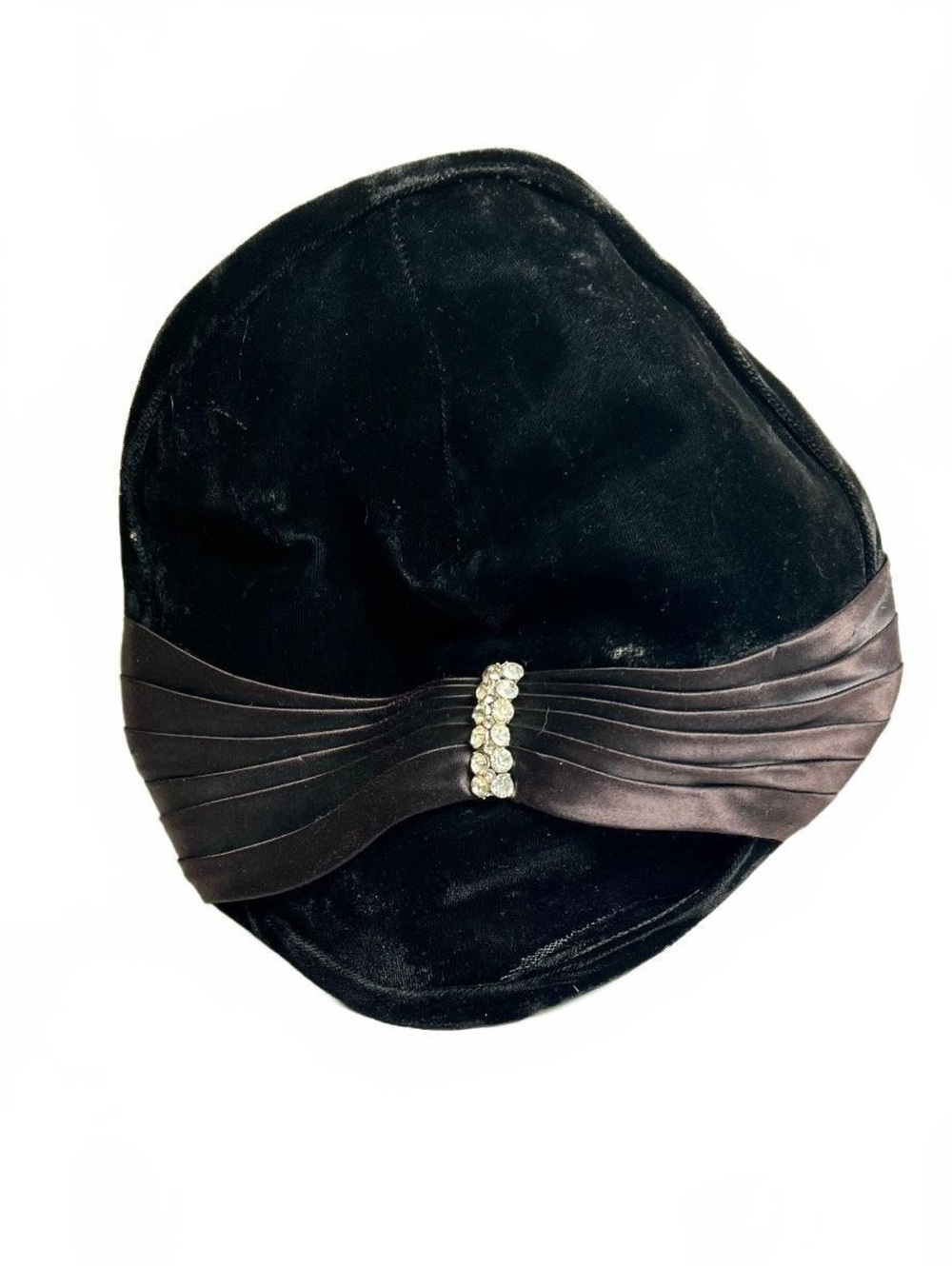 Vintage Black velvet cocktail hat with pleated ribbon and rhinestone accent